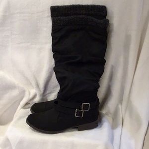 JUSTFAB size 8 tall faux suede black boots side half zip.  15 in high